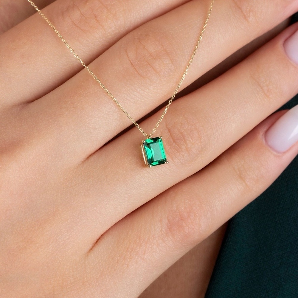 Emerald Rectangle Necklace 14k Solid White Gold, … - image 6